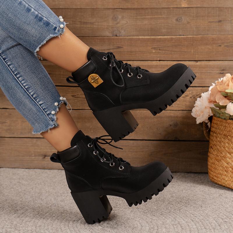 Booties |  Womens Allegra K- Round Toe Lace Up Platform Boots Booties Booties